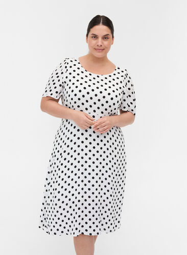 Viscose jurk met korte mouwen en stippen, White w. Black Dot, Model image number 0