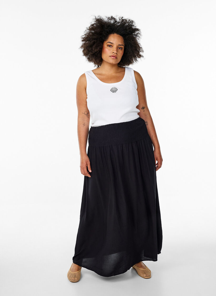Jupe longue en viscose avec smocks, Noir, Model image number 0