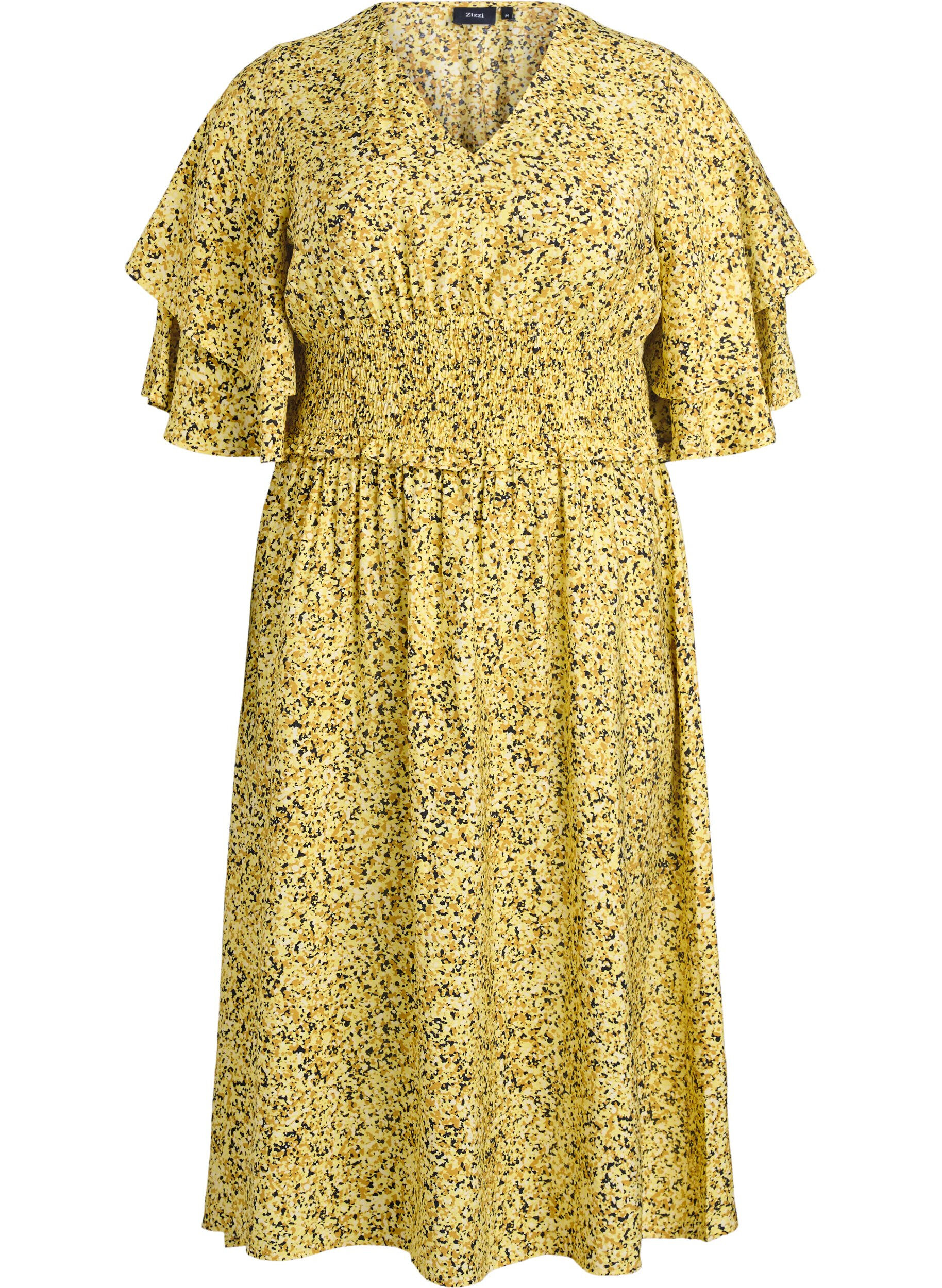 Zizzi Robe midi smock&eacute;e avec manches &agrave; volants, Jaune, Packshot image number 0