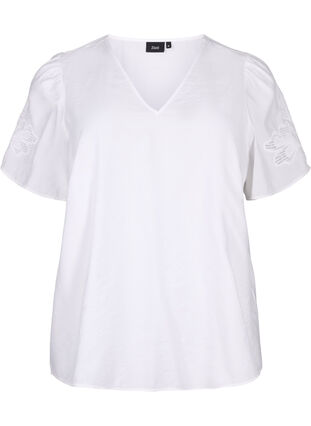 Viscose blouse met korte mouwen en borduursel, Bright White, Packshot image number 0