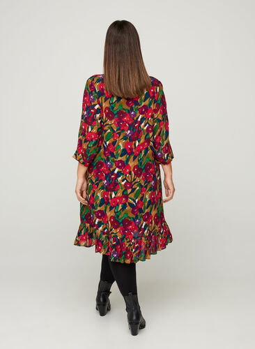 Viscose jurk met print, Olive Green AOP, Model image number 1