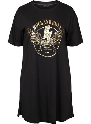 Katoenen T-shirt jurk met print details, Black w. Gold, Packshot image number 0