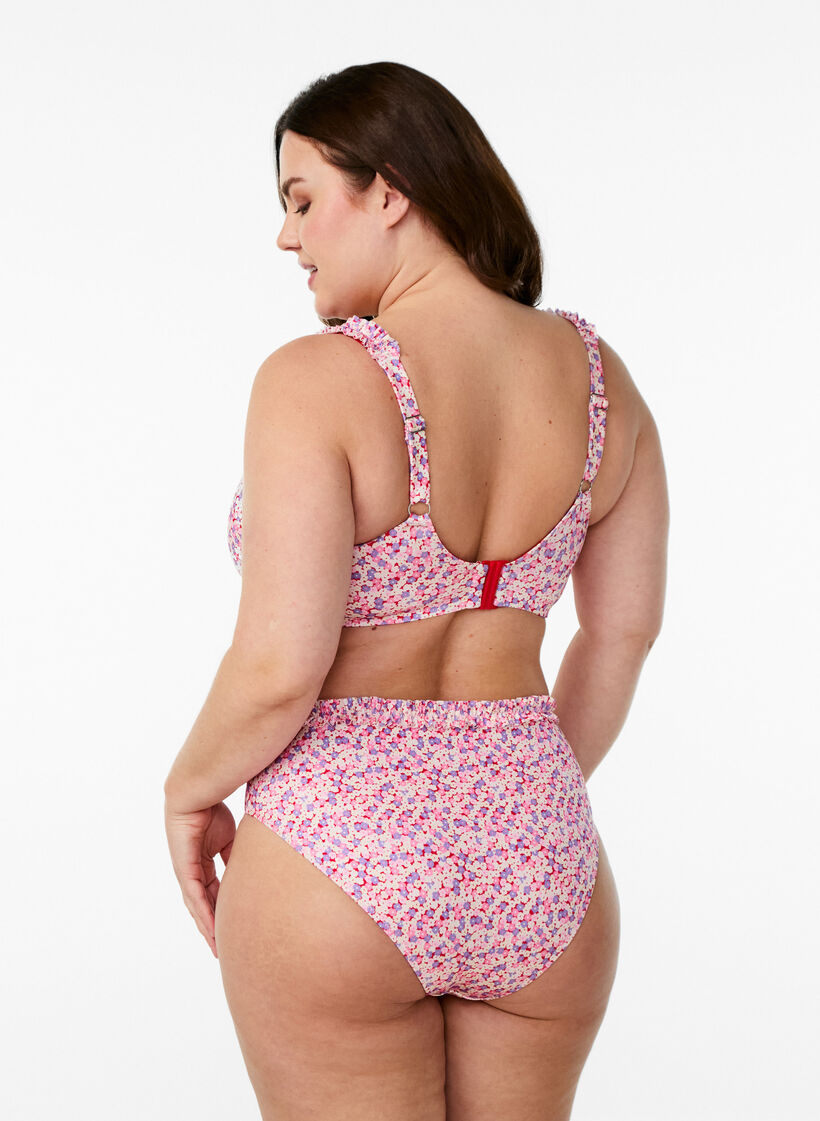 Bas de bikini tai &agrave; imprim&eacute; floral avec bord fronc&eacute;, Rose, Model image number 1