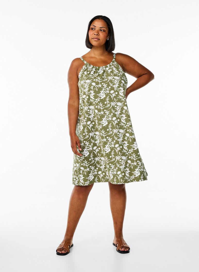 Robe &agrave; bretelles midi en coton bio, Vert, Model image number 1
