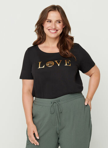 T-shirt coton et imprimé, Black w. Love, Model image number 0