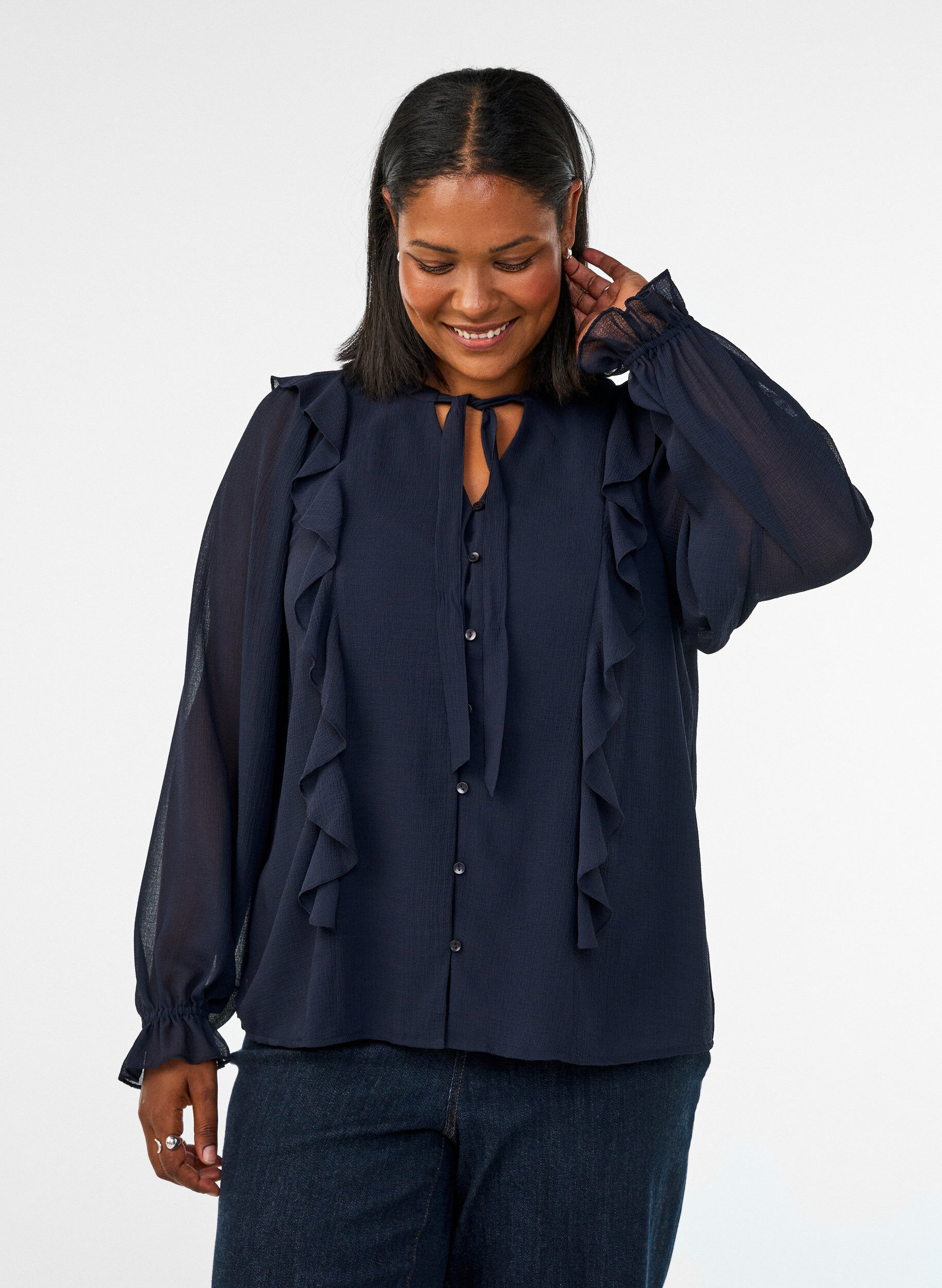 ZizziTransparante blouse met ruches en striksluiting, Blauw, Model image number 0