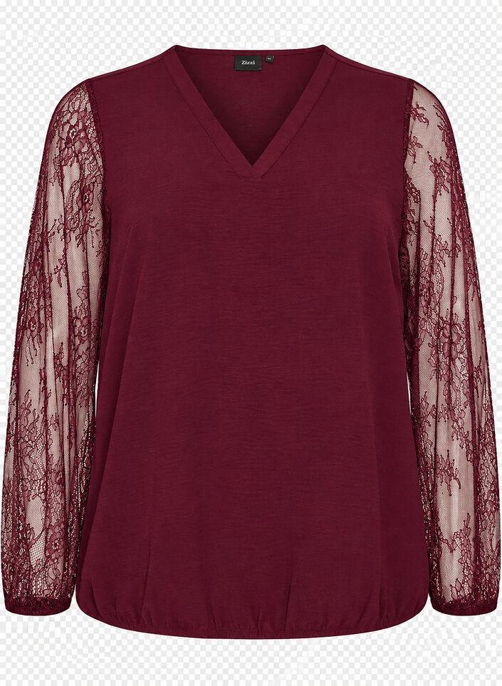 Blouse avec manches en dentelle et coupe ballon, Bordeaux, Packshot image number 0