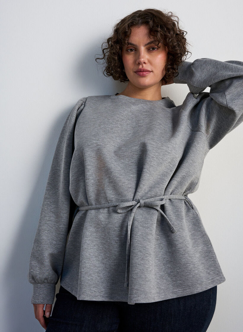 Blouse avec lien &agrave; nouer et manches bouffantes, Gris, Model image number 0