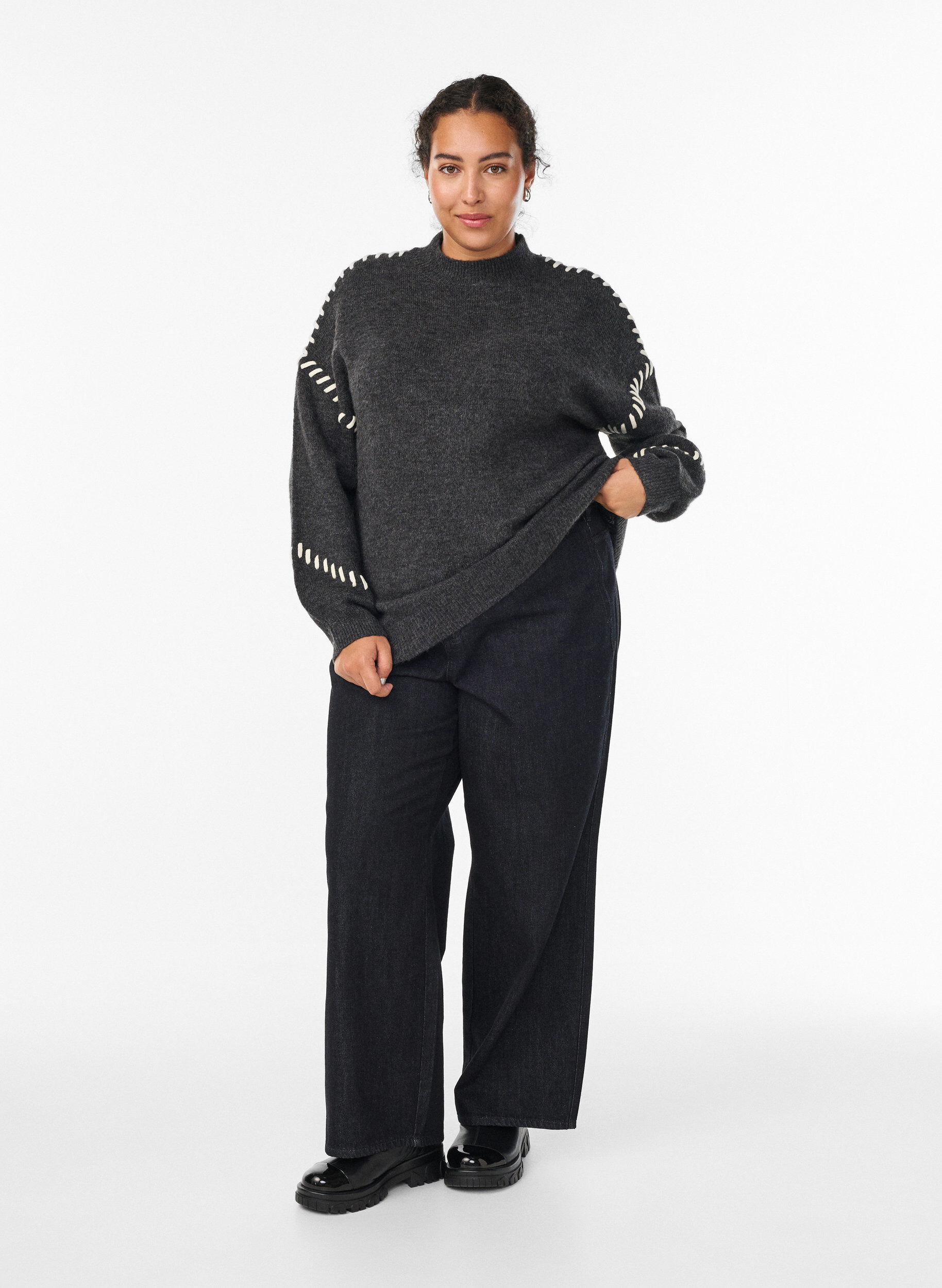 ZizziJumper met decoratieve stiksels, Grijs, Model image number 1