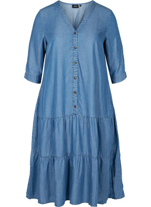 Midi-jurk met knopen en 3/4 mouwen, Blue denim, Packshot image number 0