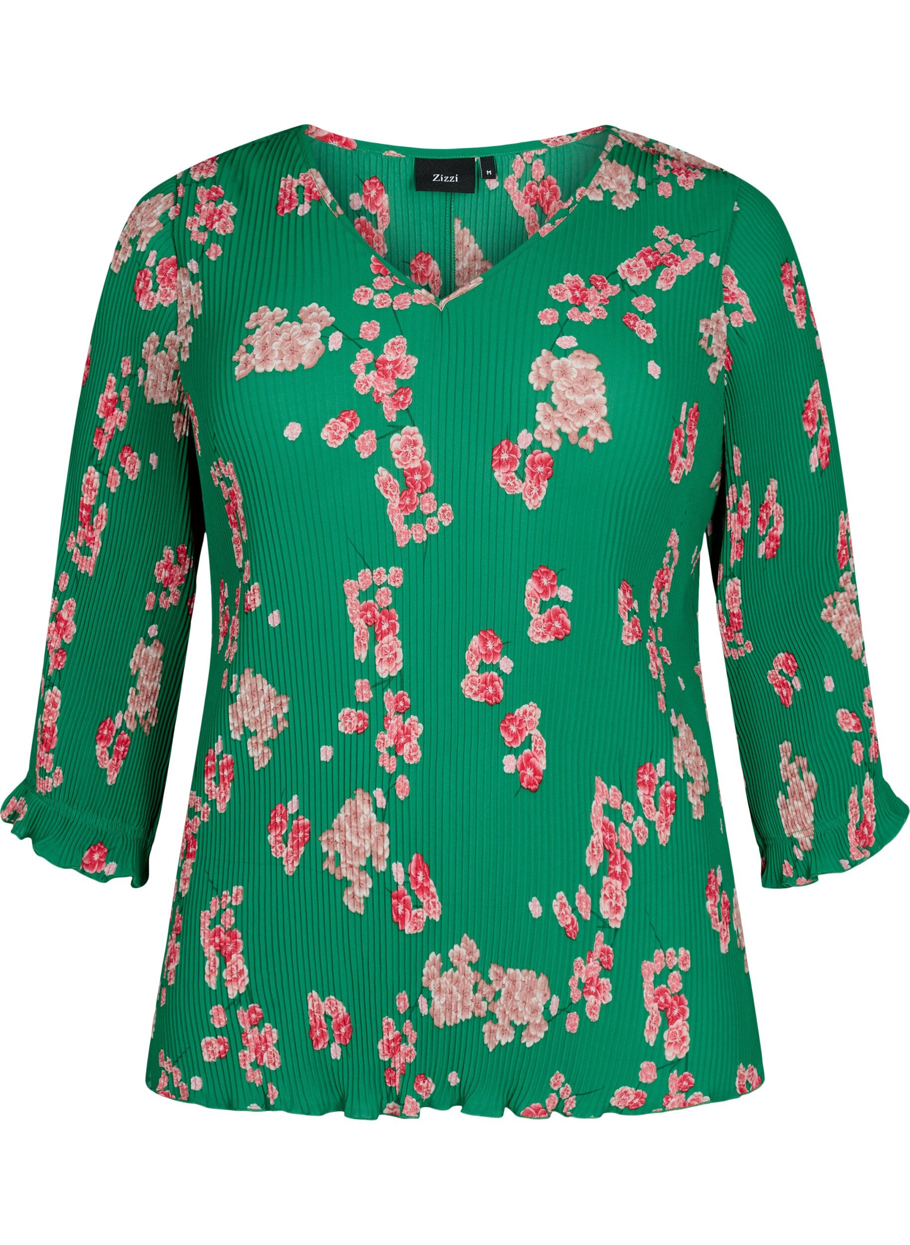 ZizziGeplooide blouse met 3/4 mouwen, Jolly Green Flower, Packshot image number 0