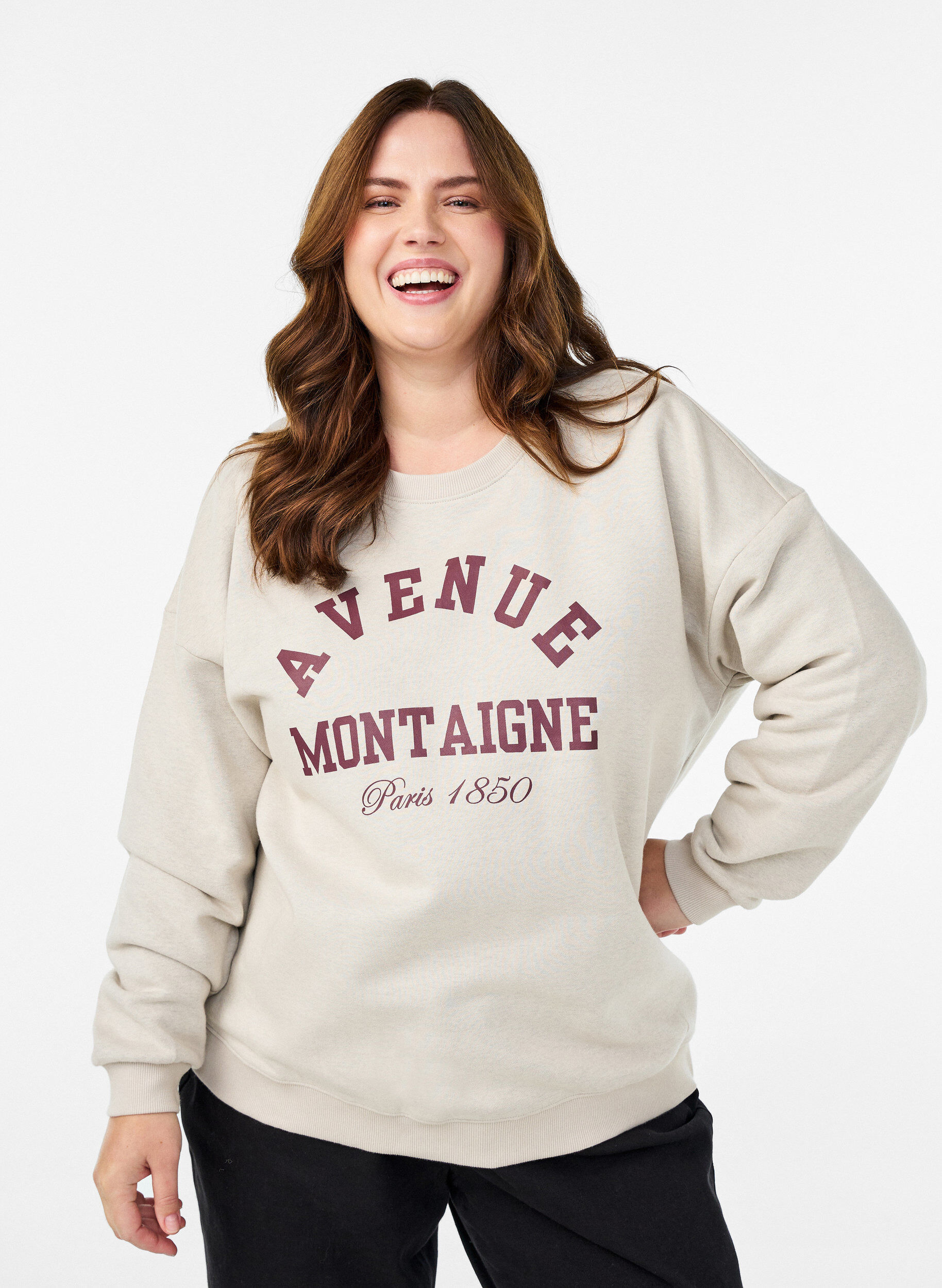 Sweatshirt met tekst aan de voorkant, Beige, Model