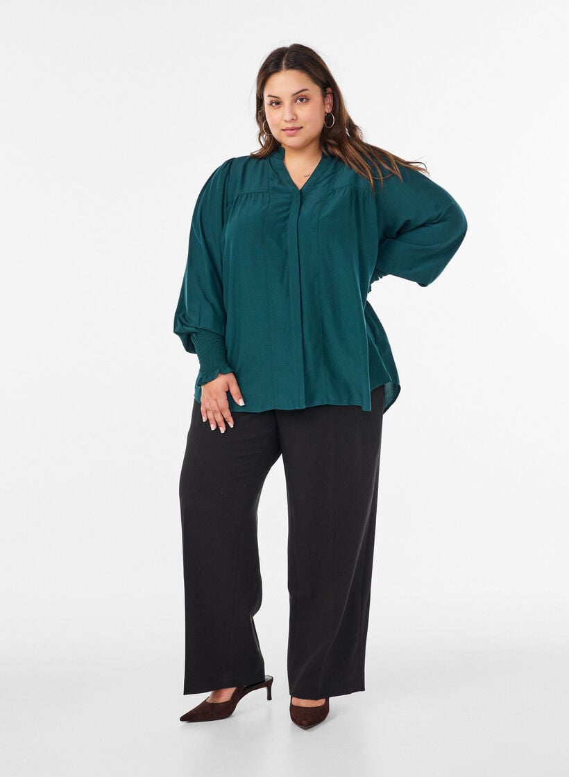 Blouse avec col &agrave; volants et fronces, Vert fonc&eacute;, Model image number 1