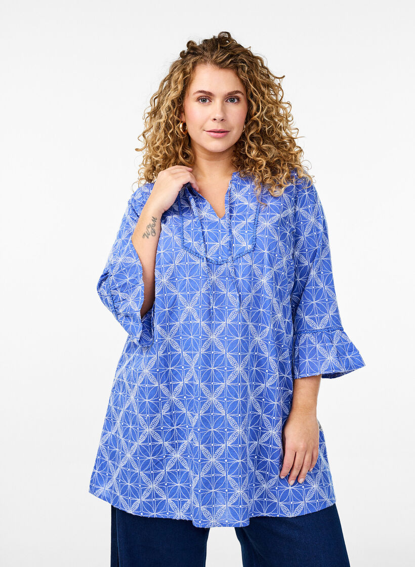Tuniek met borduursel en strikdetail, Blauw, Model image number 0