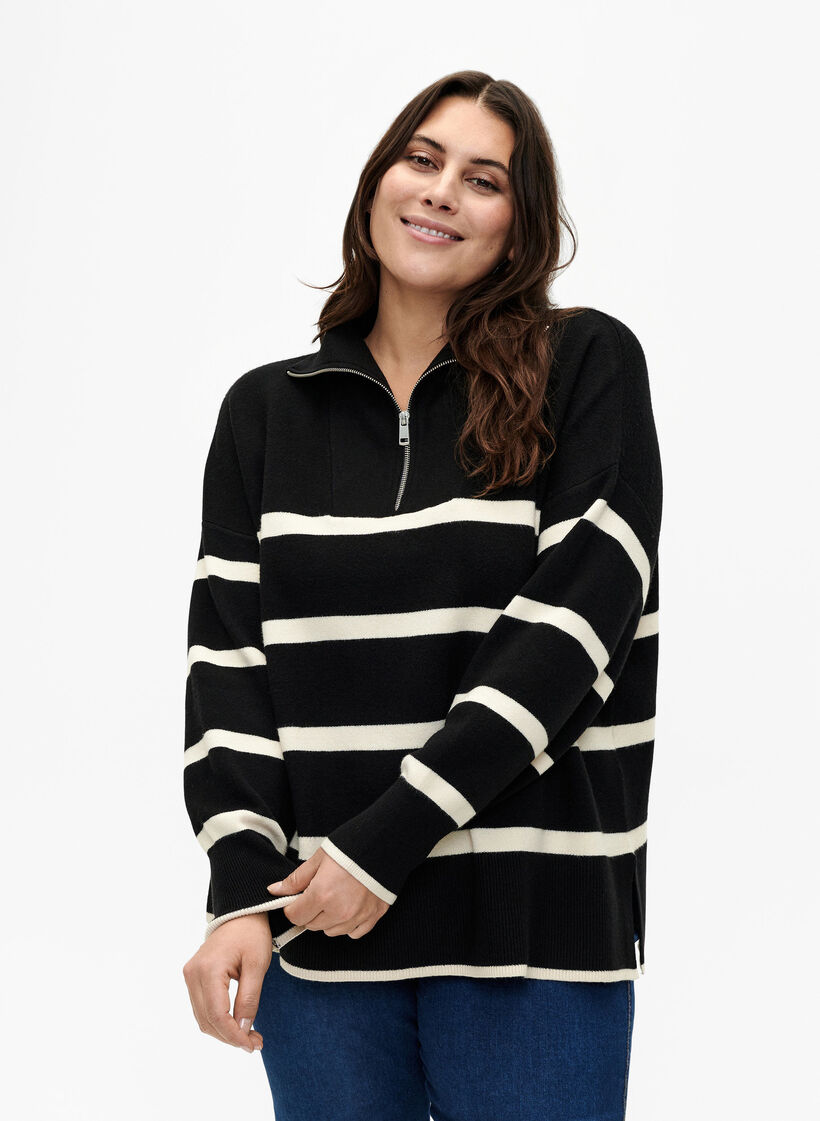 Pull avec des rayures et un col montant	, Black w. Birch, Model image number 0