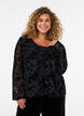 Blouse en maille ouverte devant avec motif floral, Noir, Model image number 0