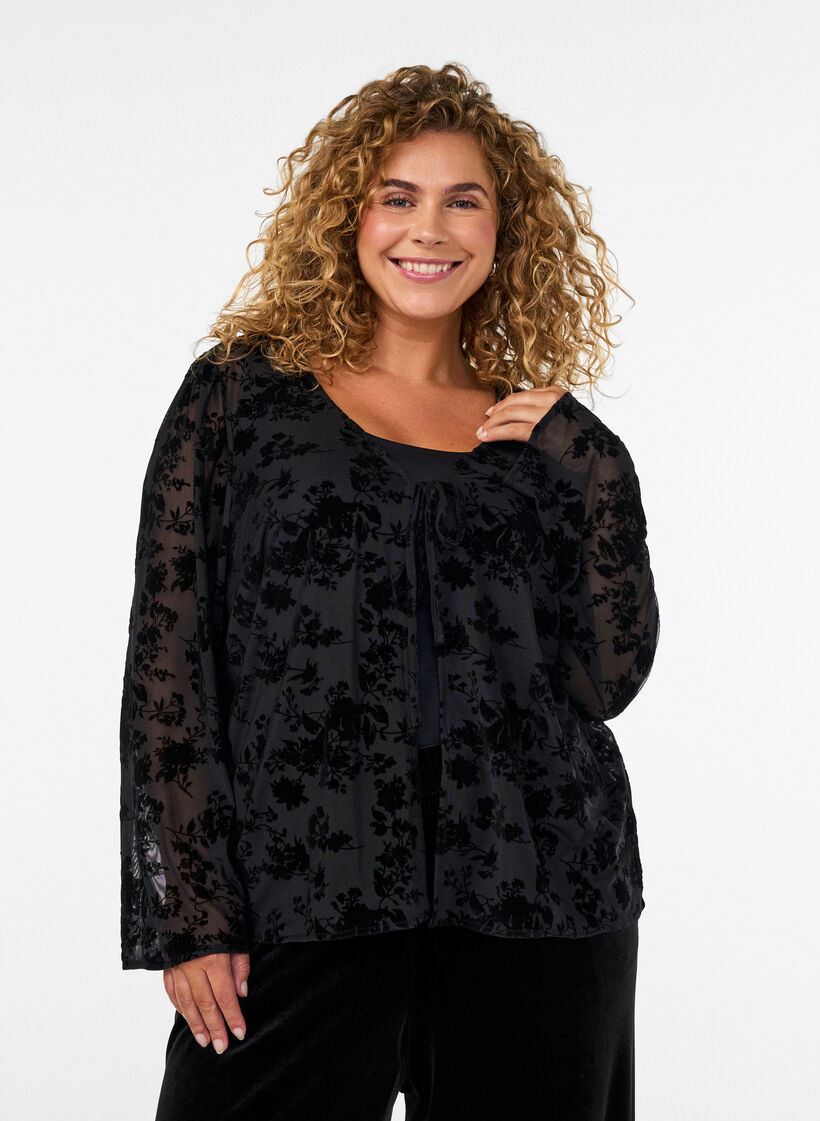 Blouse en maille ouverte devant avec motif floral, Noir, Model image number 0