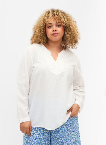 Blouse en coton avec détails en crochet, White, Model image number 0