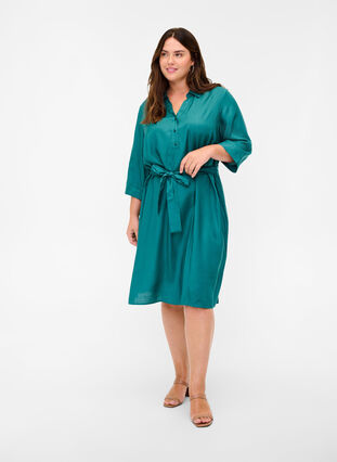 Tie waist shirt dress in viscose, Pacific, Model image number 2