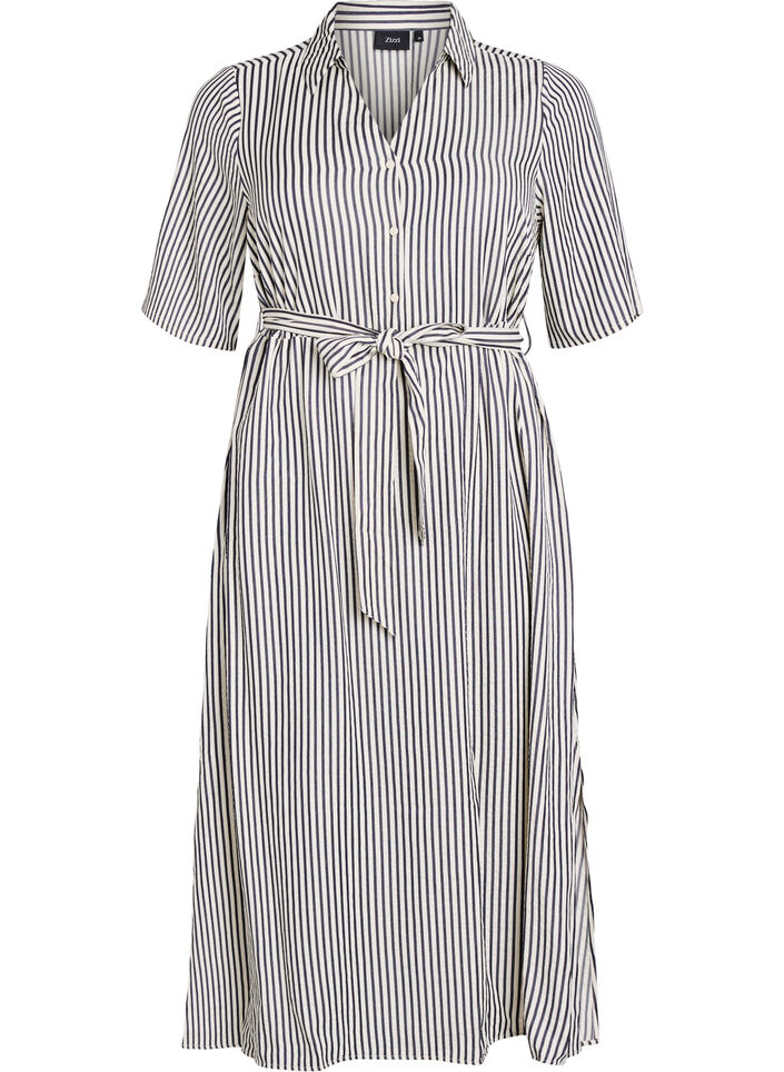 Robe-chemise longue jusqu&rsquo;aux chevilles avec ceinture &agrave; nouer et rayures, Noir, Packshot image number 0