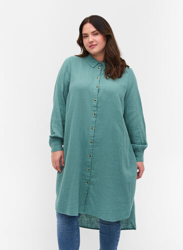 Lange katoenen blouse met een klassieke kraag, Sagebrush Green, Model image number 0