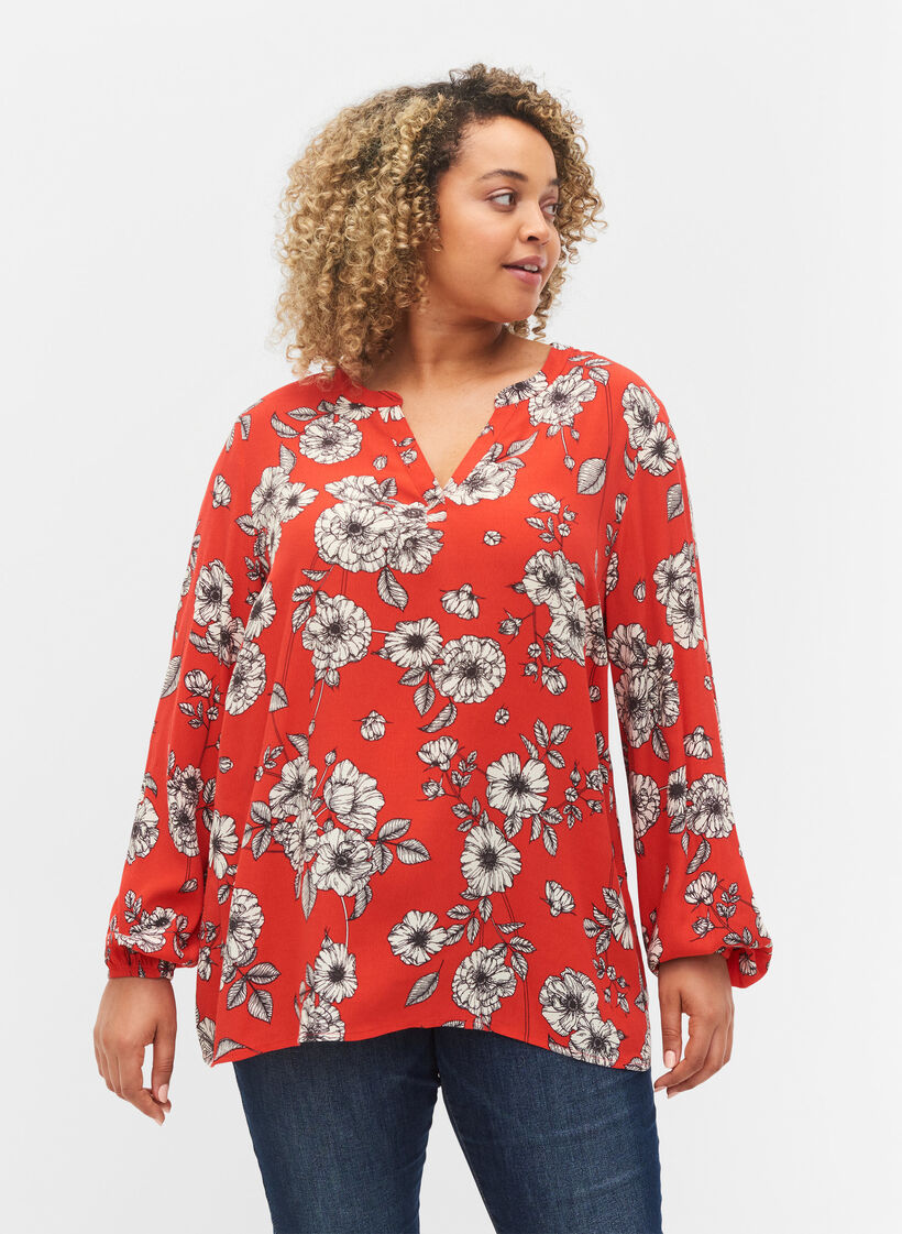 Gebloemde viscose blouse met lange mouwen, Fiery Red Flower AOP, Model image number 0