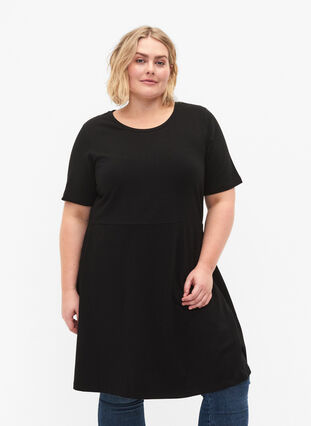 Gestippelde katoenen jurk met korte mouwen, Black, Model image number 0
