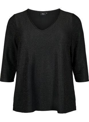 Glitter blouse met 3/4 mouwen, Black Black, Packshot image number 0
