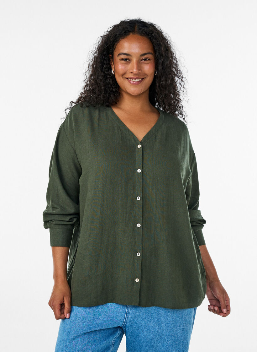 Blouse en lin et viscose avec col en V, Vert, Model image number 0