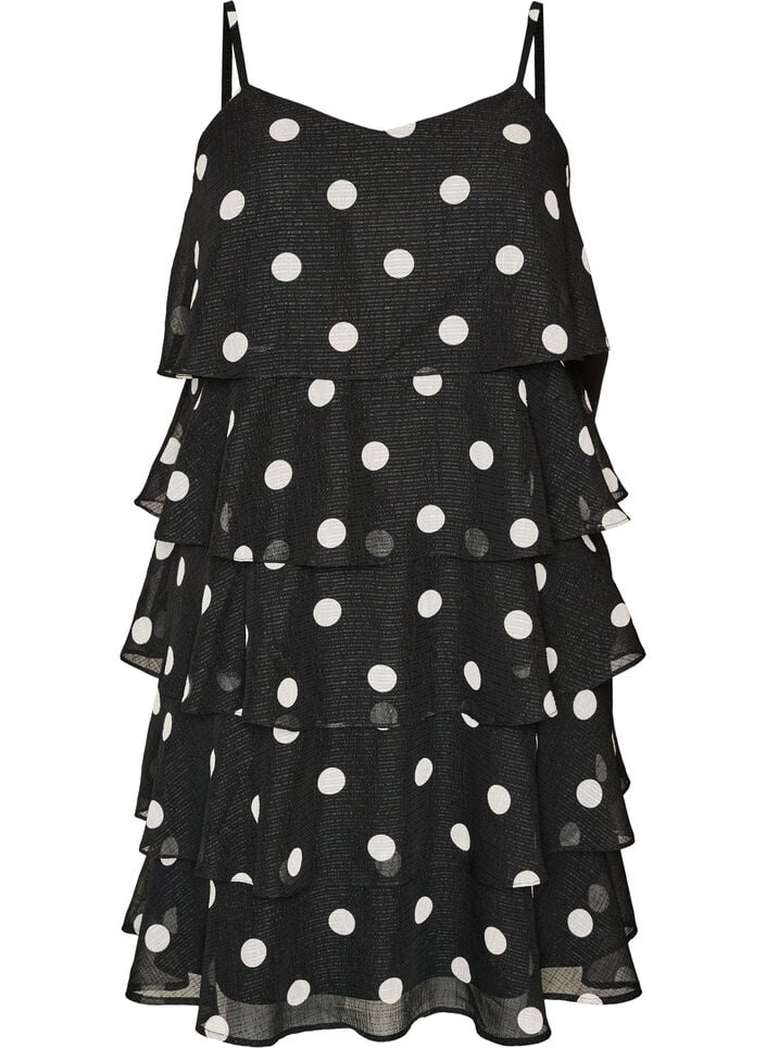 Gelaagde jurk met ruches en spaghettibandjes, Zwart, Packshot image number 0