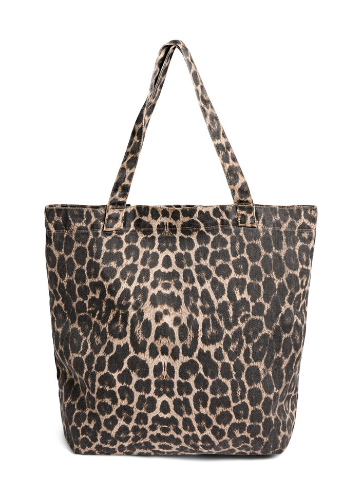 Denim shopper met luipaardprint, Bruin, Packshot image number 0