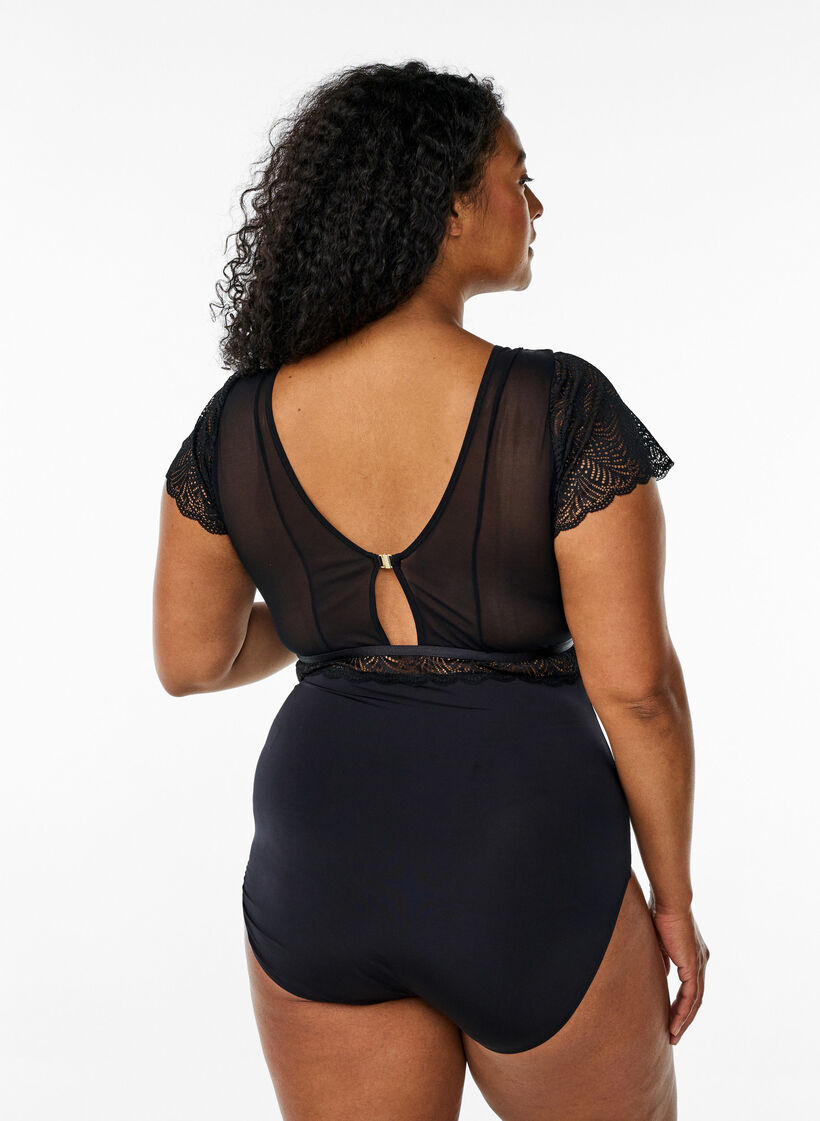 Bodystocking met kanten en korte mouwen, Zwart, Model image number 1