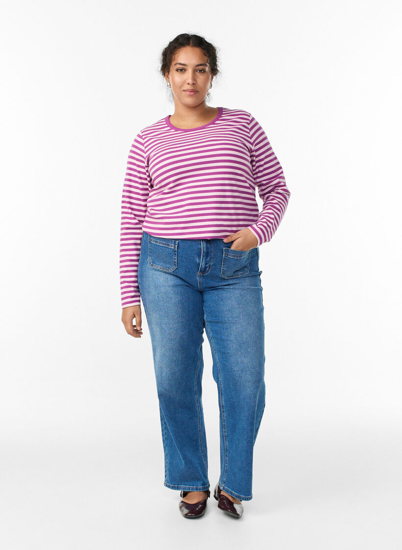 Gestreepte blouse met lange mouwen, Paars, Model image number 1