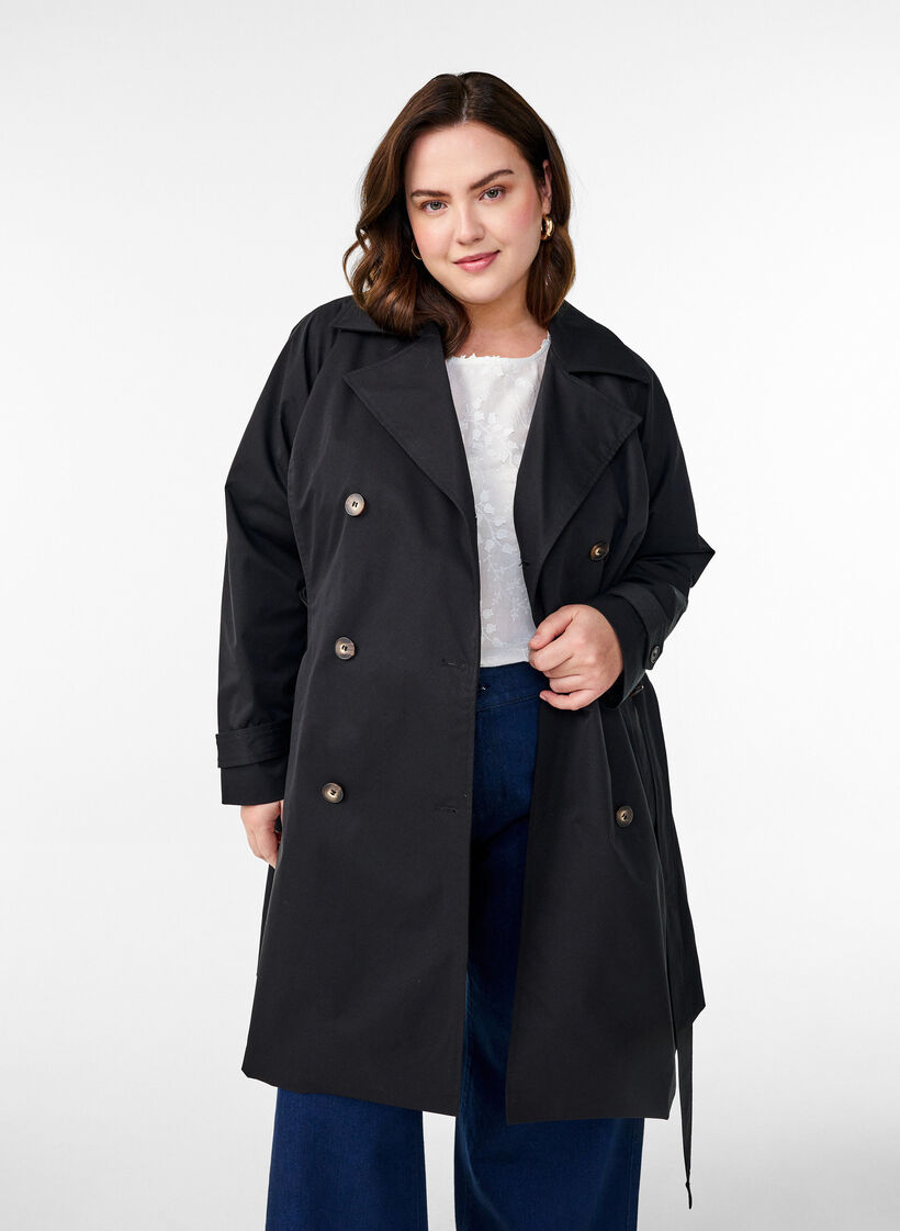 Halflange trenchcoat met ceintuur, Black, Model image number 0