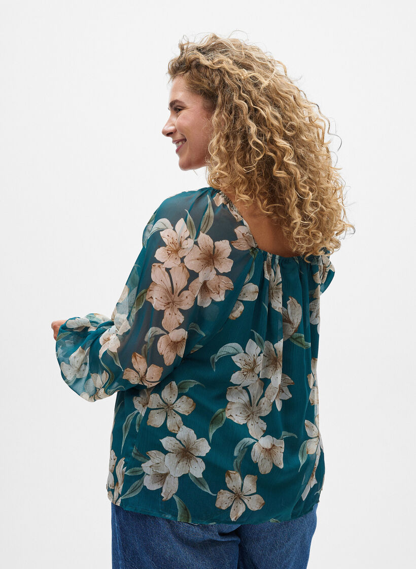 Chemisier en mousseline avec imprim&eacute; floral et manches longues, Vert, Model image number 2