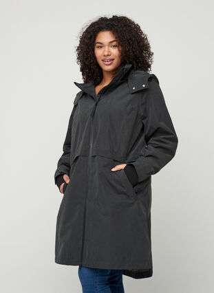 Veste imperméable avec capuche et taille ajustable, Black, Model image number 0