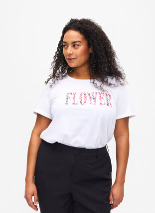 T-shirt en coton avec imprimé texte, B. White w. Flower, Model image number 0