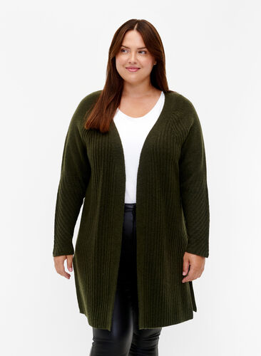 Long cardigan en tricot côtelé - Vert foncé - Taille 42-60 - Zizzi