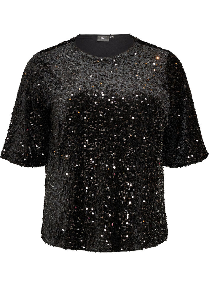 Blouse en sequins avec manches au coude, Noir, Packshot image number 0