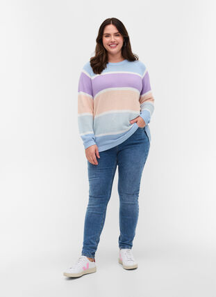 Pull en tricot à manches longues avec bloques de couleurs, Chambray Blue Comb, Model image number 2