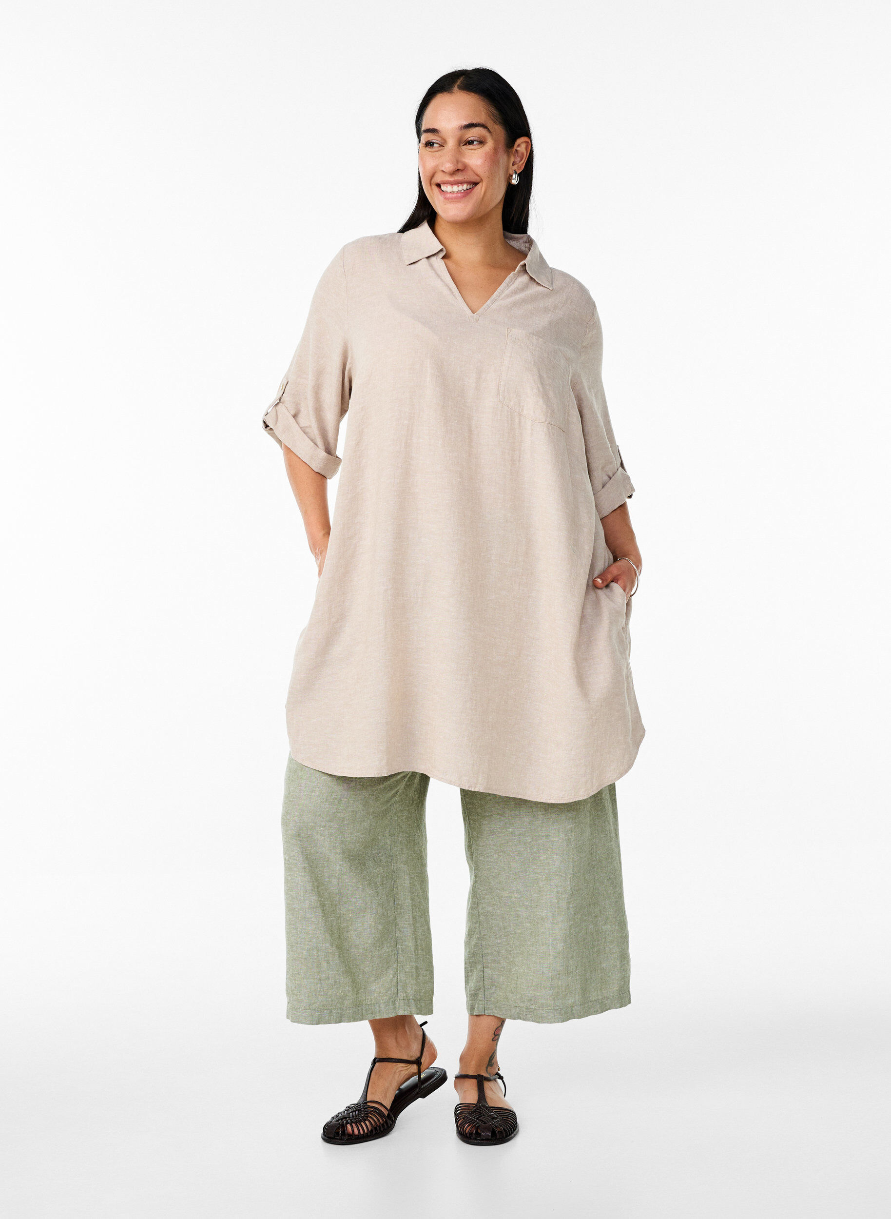 ZizziTunique coupe trap&egrave;ze en lin et viscose, Beige, Model image number 1
