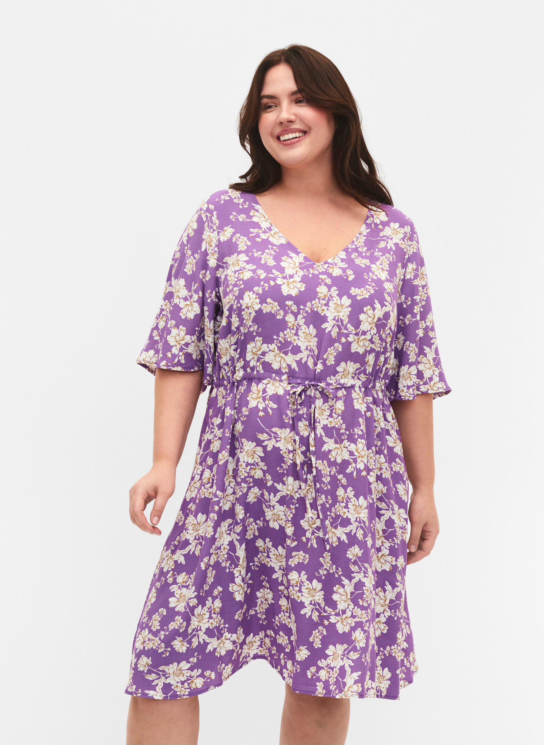 ZizziJurk met 1/2 mouw met bloemenprint in viscose, Purple Flower AOP, Model image number 0