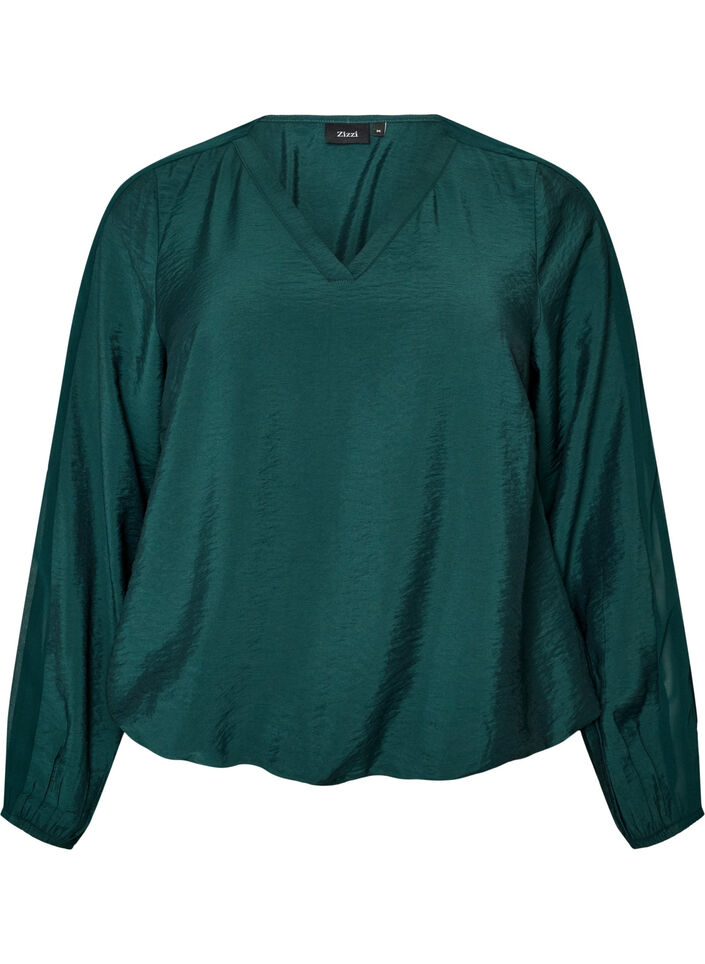 Blouse met balloneffect en chiffondetails, Groen, Packshot image number 0