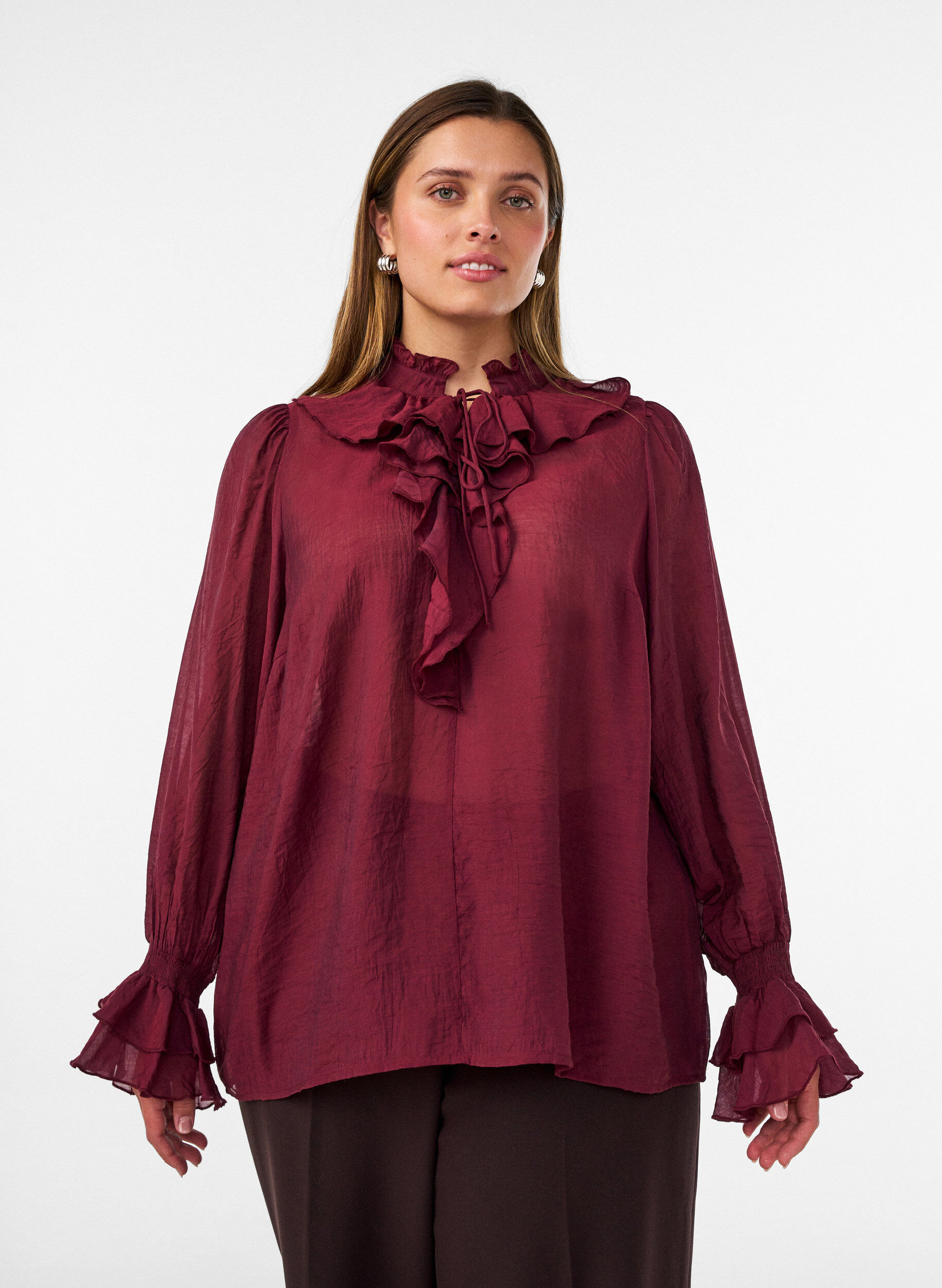 ZizziViscose blouse met ruches en lange mouwen, Rood, Model image number 0