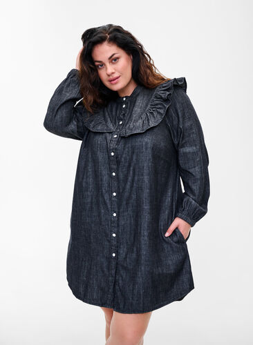 Robe en jean avec boutons et volants, Black Washed, Model image number 0