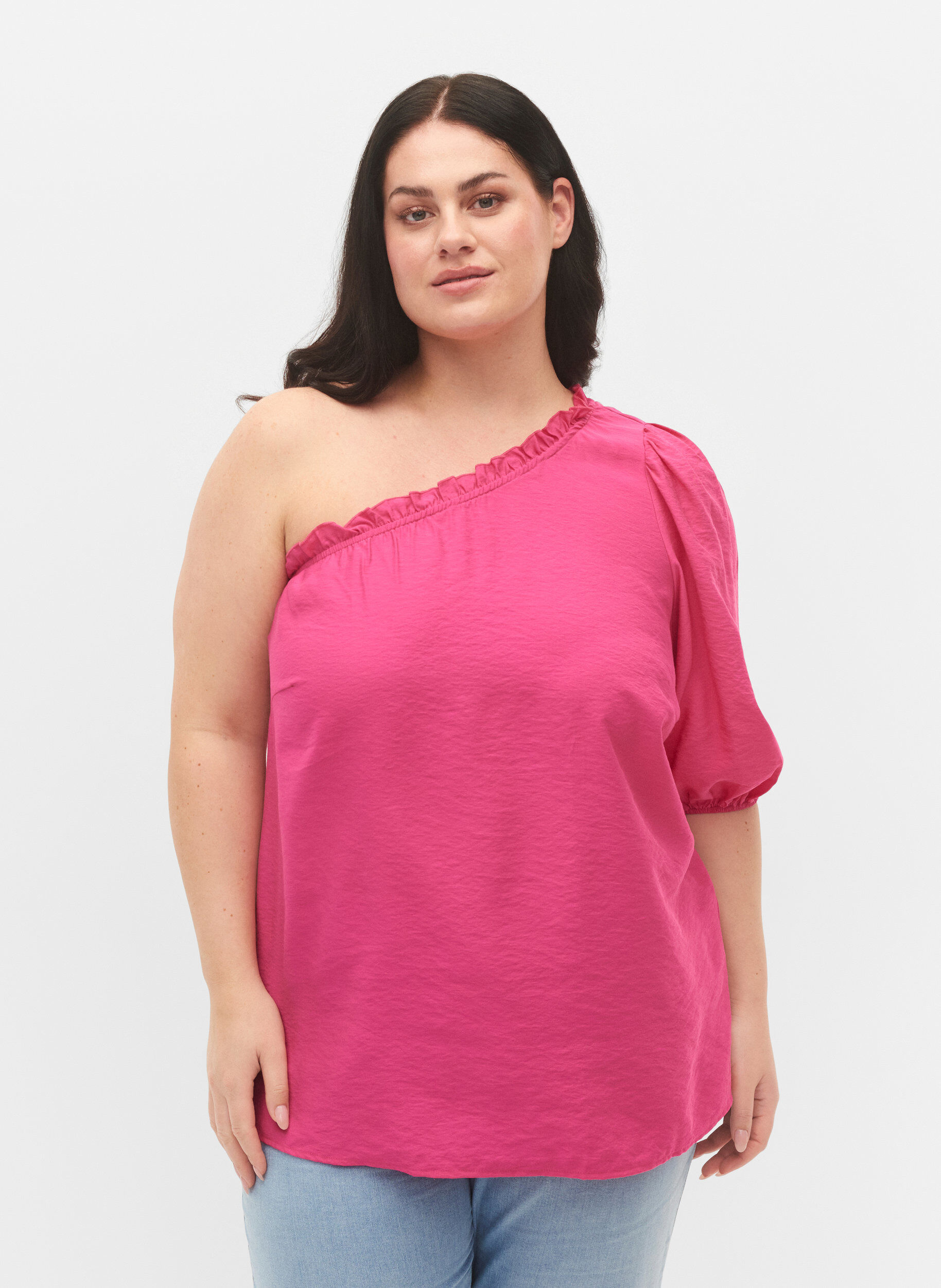 ZizziOne-shoulder blouse in viscose, Roze, Model image number 0