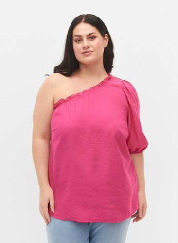 One-shoulder blouse in viscose, Fuchsia Purple, Model image number 0