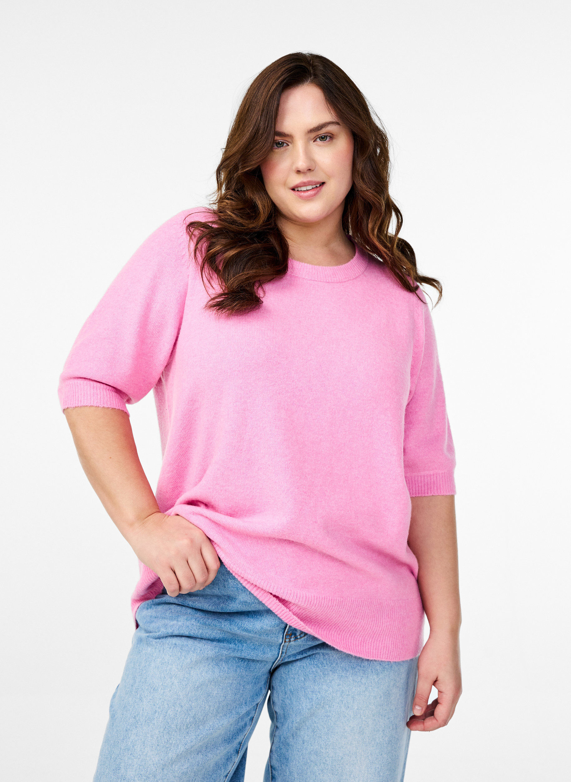 ZizziGebreide blouse met korte mouwen, Roze, Model image number 0