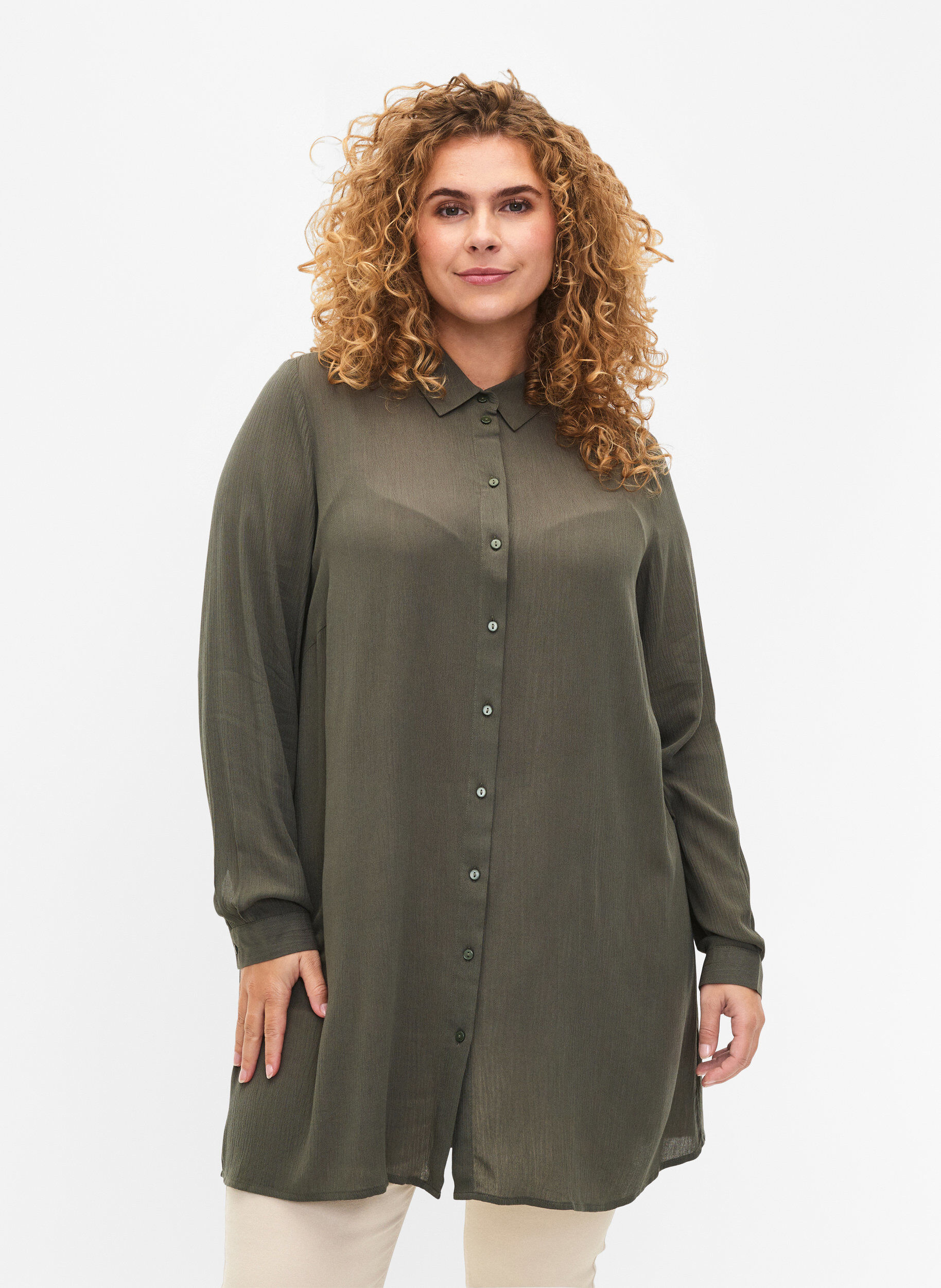 ZizziLang viscose overhemd met lange mouwen, Groen, Model image number 0