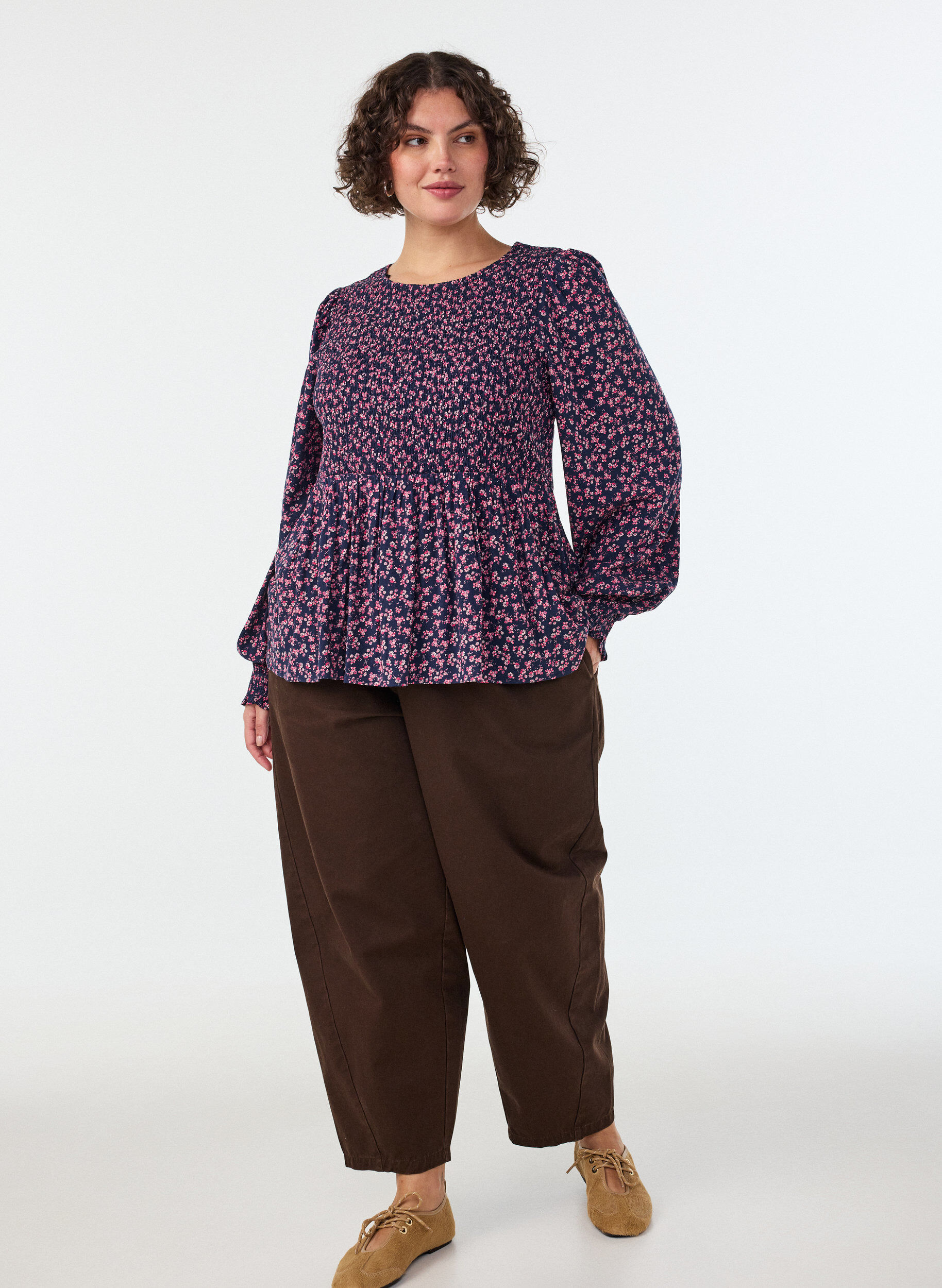 ZizziBlouse met gesmokte top en bloemenprint, Blauw, Model image number 0